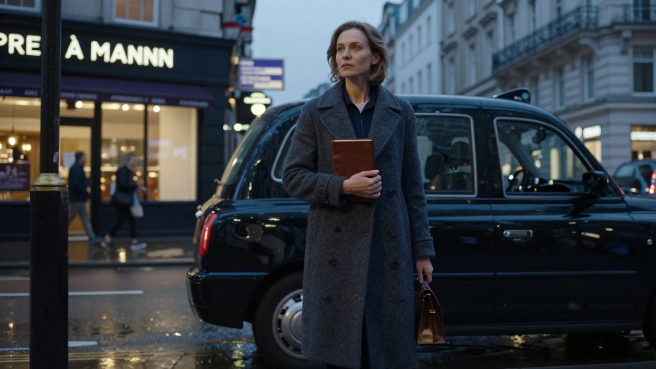 A poised Russian woman walks along a rainy London street, holding a book, blending seamlessly into the urban landscape.