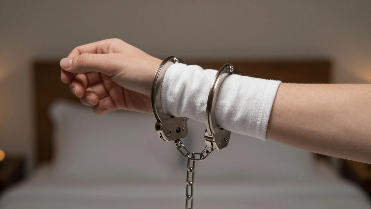 Metal handcuffs around a bare forearm wrapped in a white cotton sleeve.