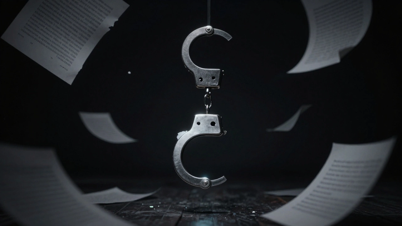 Suspended metal handcuffs glowing faintly in a dark room with floating paper fragments.