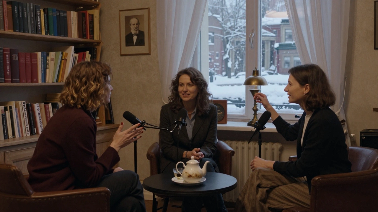 Three Russian women gather in a cozy St. Petersburg salon, discussing culture near a window with snowy city lights.